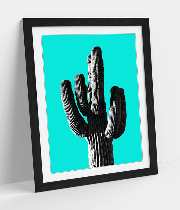 TRENDY B&W CACTUS POP ART CYAN -ART FRAMED POSTER PICTURE PRINT ARTWORK