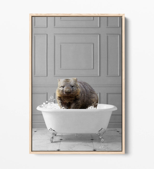 WOMBAT IN BATH PANEL WALL -QUIRKY BATHROOM FLOAT EFFECT CANVAS WALL ART PRINT