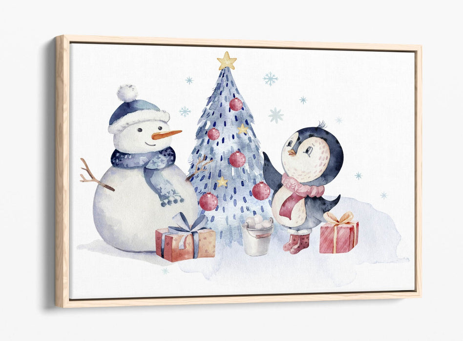Christmas Canvas Wall Art – Watercolour Penguin & Snowman Float Effect Print