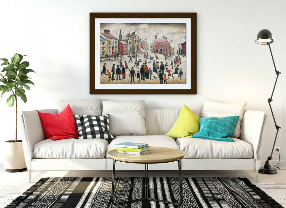 LS LOWRY, PEOPLE STANDING ABOUT -FRAMED POSTER WALL ART PRINT ARTWORK- BEIGE