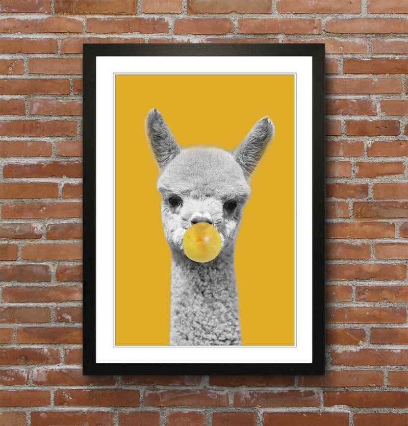 Framed Poster Wall Art – Happy Alpaca Print With Mustard Yellow Decor & Woodgrain Frame