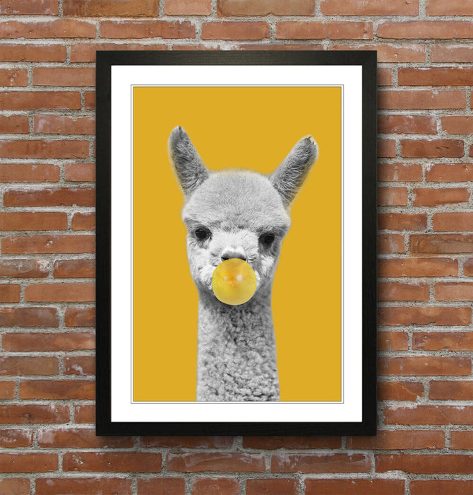Framed Poster Wall Art – Happy Alpaca Print With Mustard Yellow Decor & Woodgrain Frame