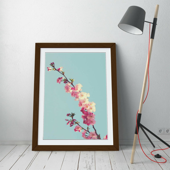 CHERRY BLOSSOM TEAL -ART FRAMED POSTER PICTURE PRINT ARTWORK- CYAN