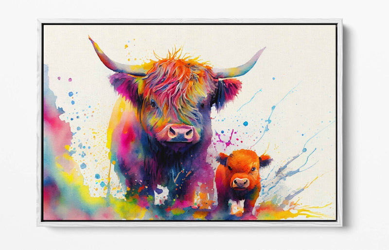 Highland Cows Canvas – Colorful Animal Print Float Effect Canvas Wall Art