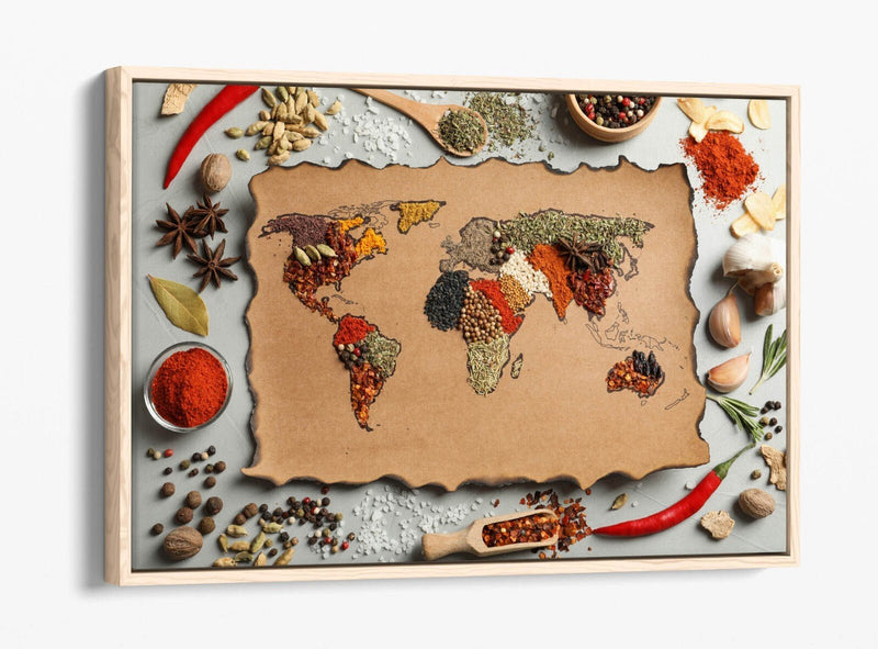 Canvas Wall Art – Spices Kitchen Art With Herbs World Map | Float Effect Print