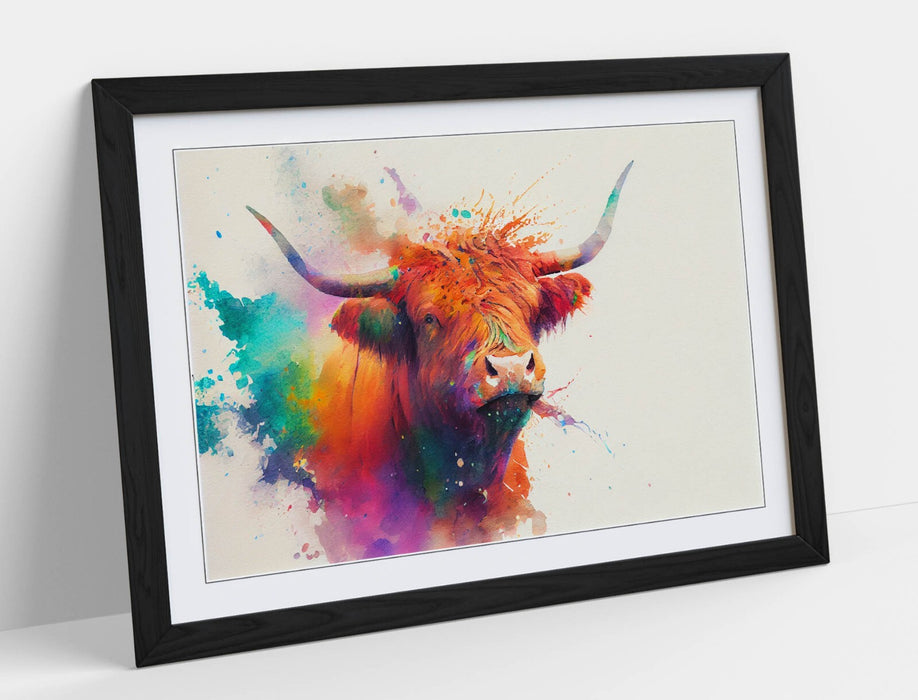 Highland Cow Art - Framed Wall Art With Colorful Watercolour Animal Print