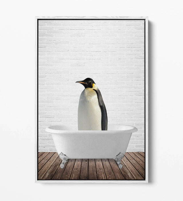 PENGUIN IN BATHTUB -QUIRKY BATHROOM FLOAT EFFECT CANVAS WALL ART PRINT