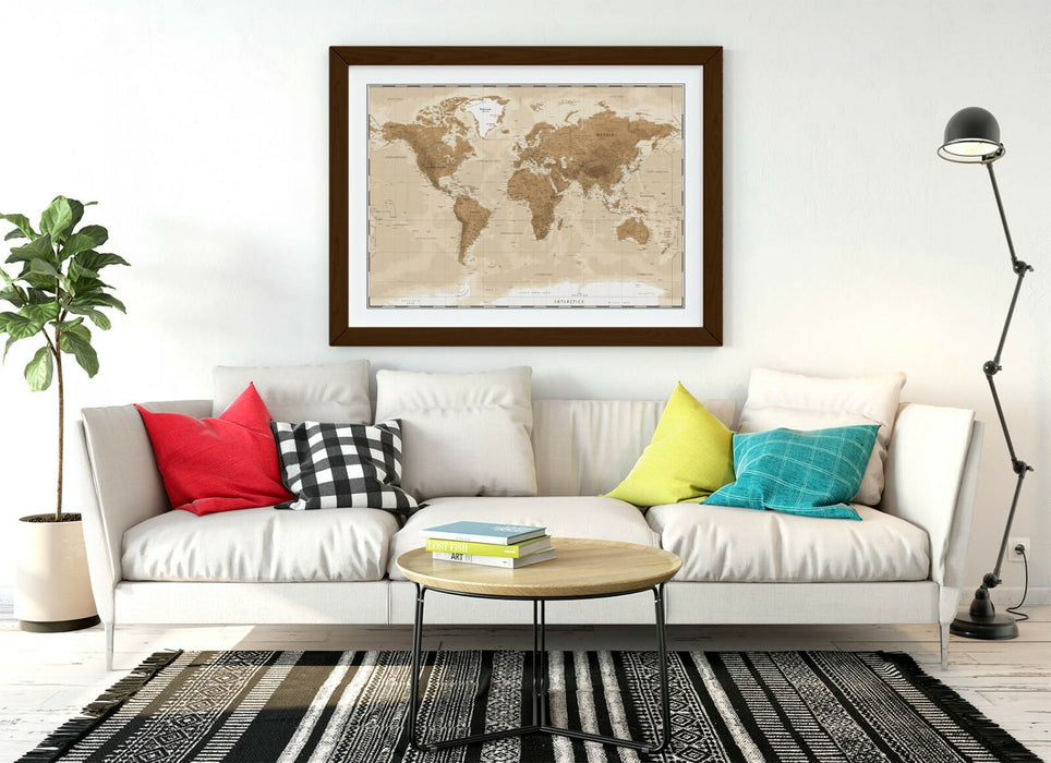 VINTAGE WORLD MAP -ART FRAMED POSTER PICTURE PRINT ARTWORK- BEIGE