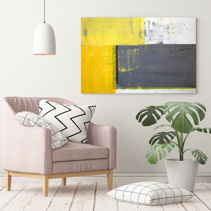Canvas Wall Art - Yellow Grey Abstract Framed Canvas Artwork 30mm Deep Frame