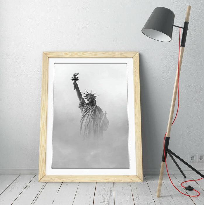 Framed Wall Art - Liberty Statue Print With Cloud Photography - Handmade Woodgrain Frame