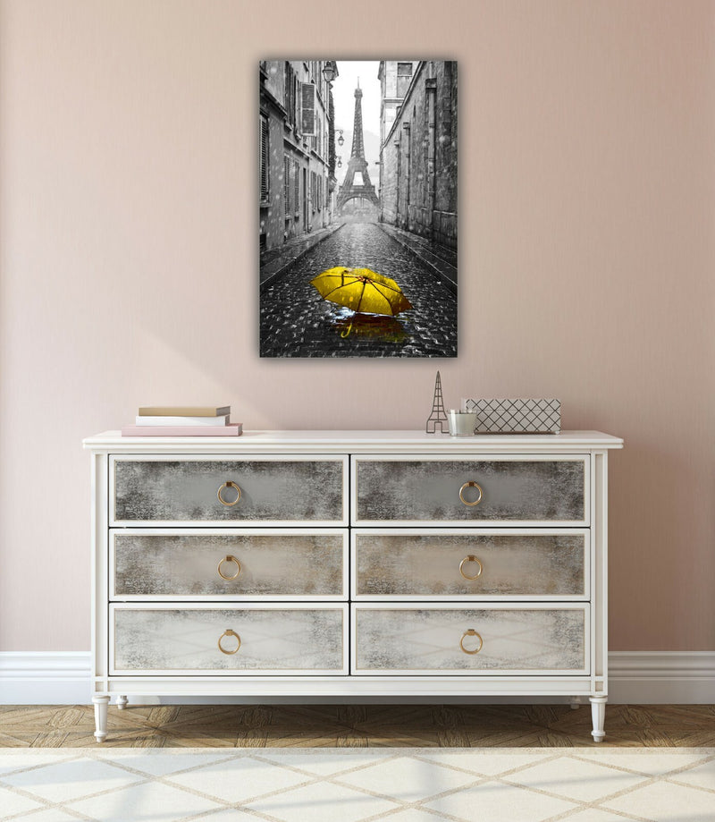 Paris Canvas Wall Art - Yellow Umbrella Canvas With Black White Artwork Print