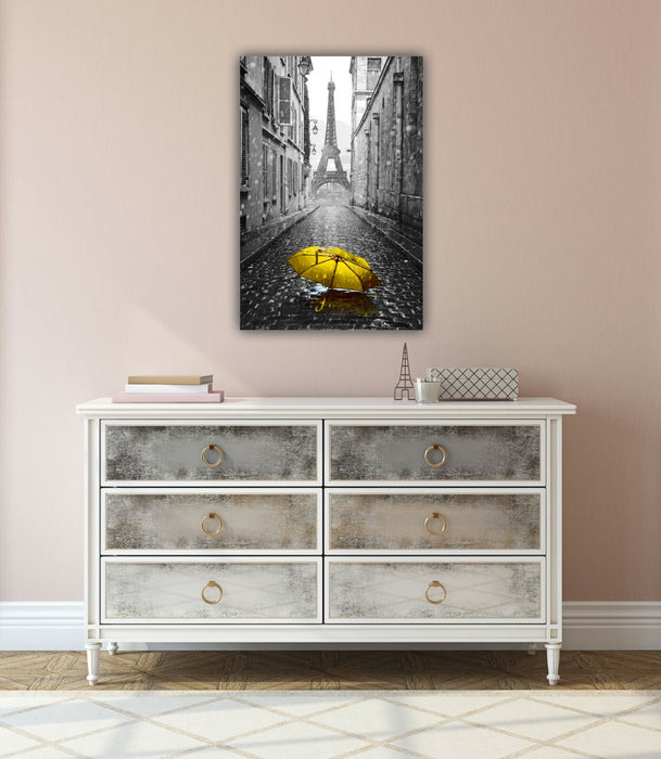 Paris Canvas Wall Art - Yellow Umbrella Canvas With Black White Artwork Print