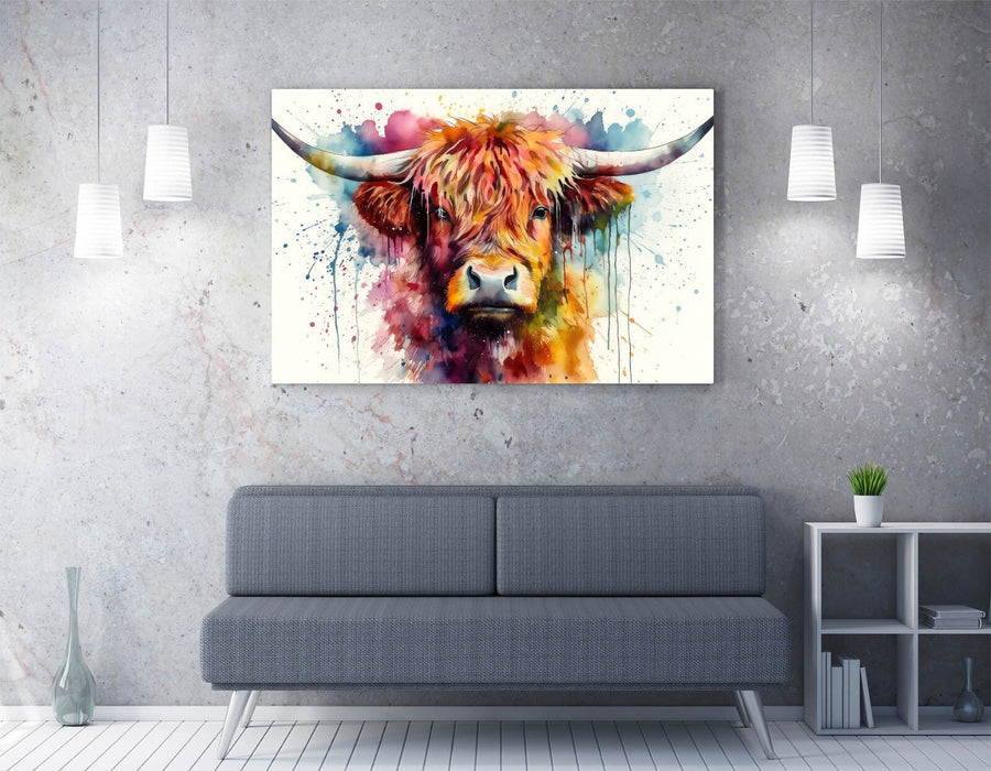 WATERCOLOUR SPLASH ART STYLE HIGHLAND COW CANVAS WALL ARTWORK PIC PRINT