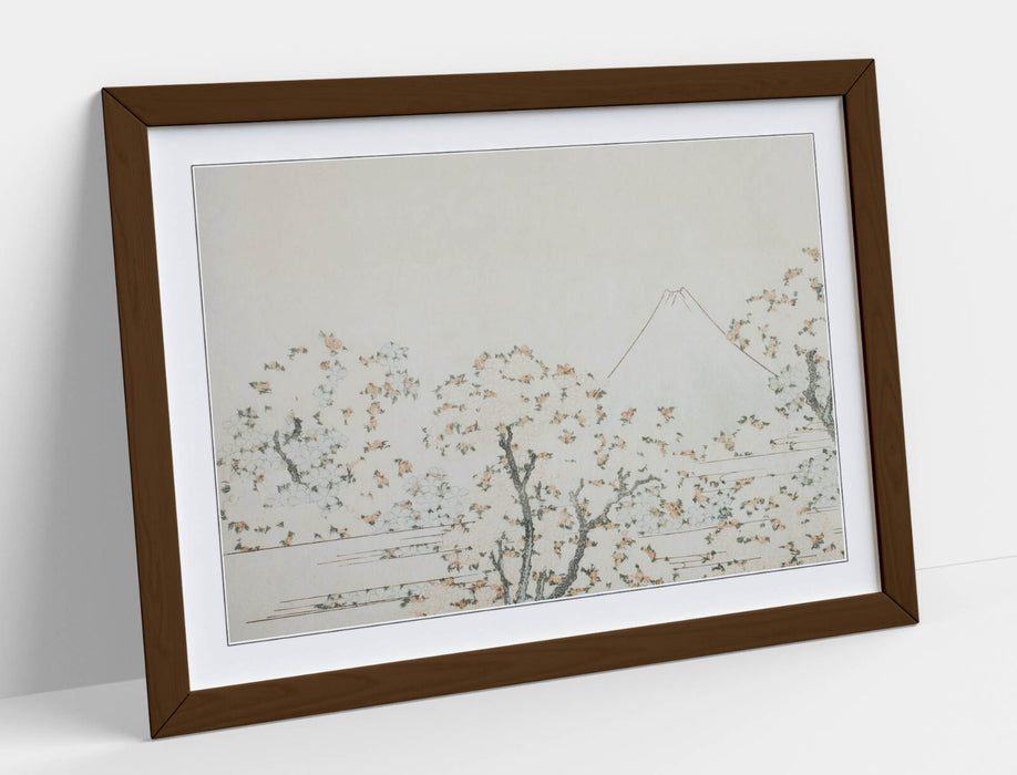 Framed Art Poster - Mount Fuji Cherry Blossom Wall Art Print With Wood Grain Frame