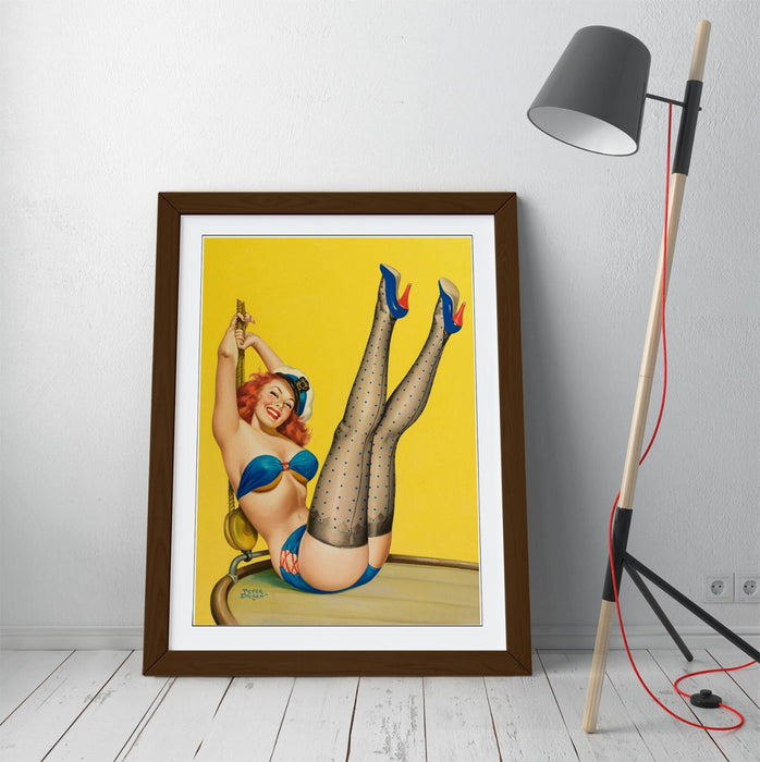 Vintage Pin Up Poster – Framed Wall Art | Retro Sailor Print With Wood Grain Frame