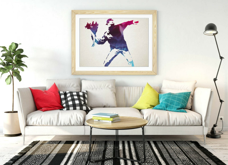 BANKSY, FLOWER THROWER PURPLE BLUE -FRAMED WALL ART PICTURE PRINT