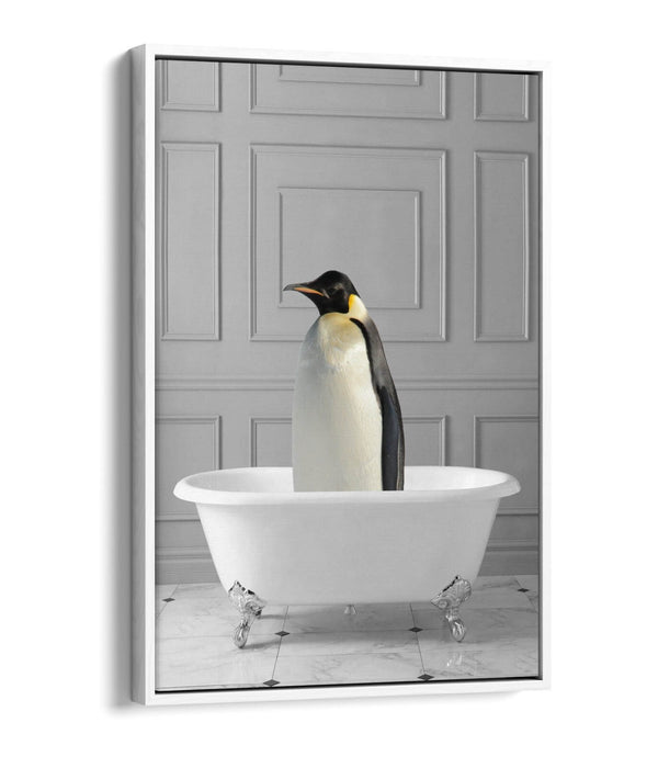 PENGUIN IN BATHTUB -QUIRKY BATHROOM FLOAT EFFECT CANVAS WALL ART PRINT
