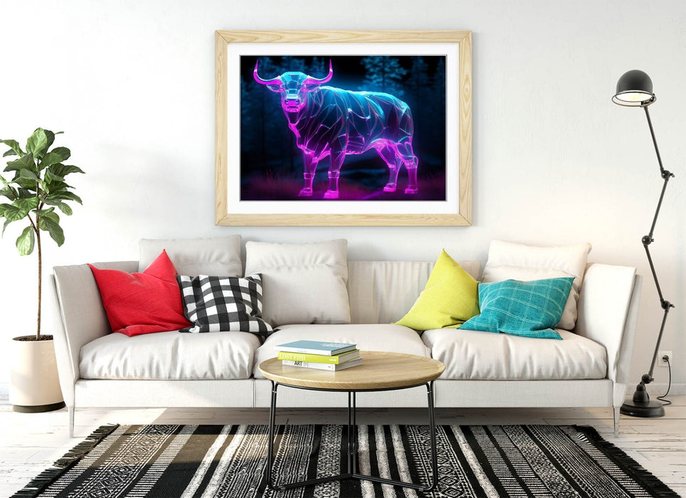 Framed Wall Art - Glowing Purple Blue Cow Poster Print | Contemporary Decor