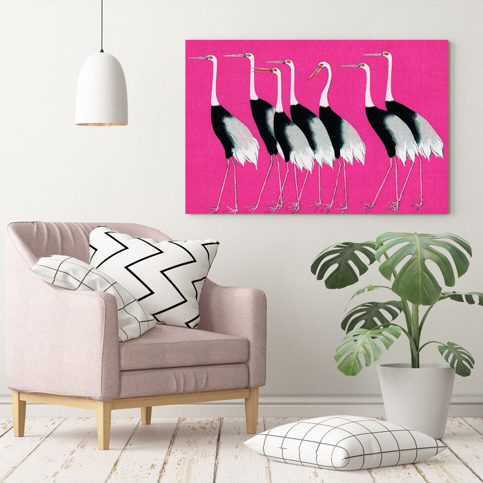 PINK CANVAS WALL ART PRINT PICTURE ARTWORK ORIENTAL CRANES  HAPPINESS JAPANESE