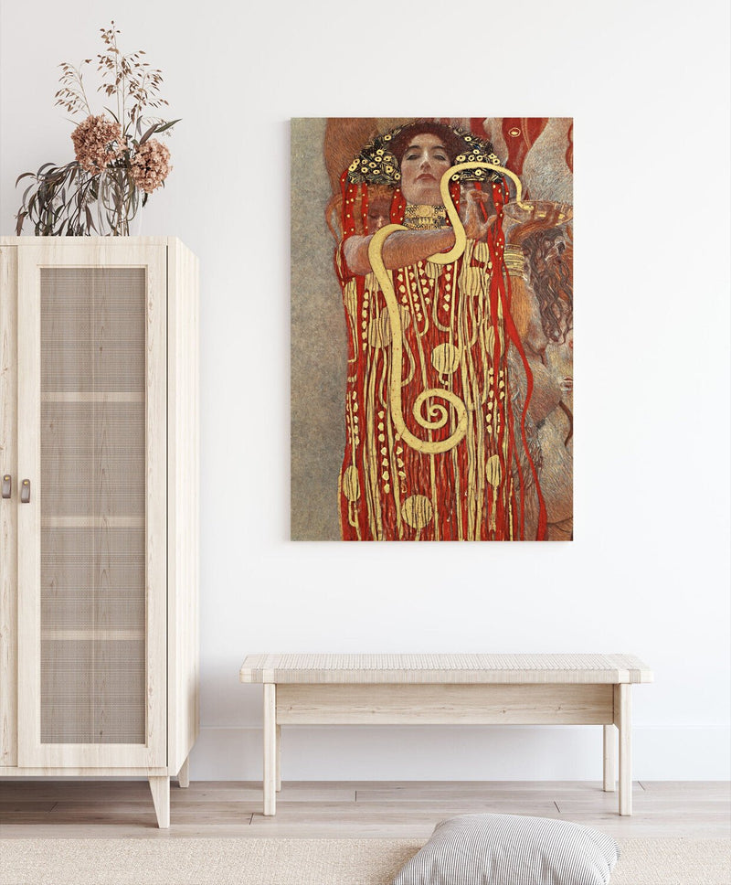 Canvas Wall Art Featuring Gustav Klimt Hygieia Goddess | Framed Canvas Print with Woodgrain Frame Finish