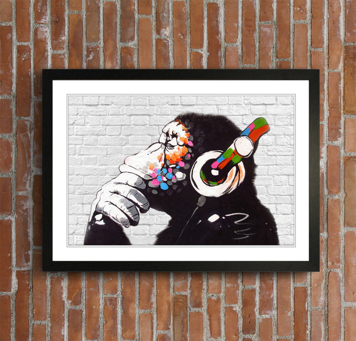 BANKSY DJ MONKEY WHITE BRICK FRAMED STREET ART POSTER PICTURE PRINT 4 SIZES
