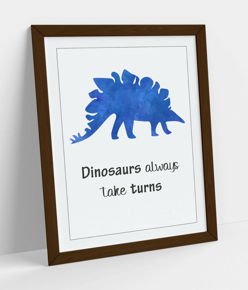 Framed Nursery Wall Art – Watercolour Dinosaur Print With Woodgrain Effect Frame
