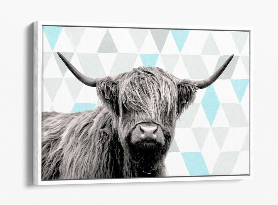 HIGHLAND COW TURQOISE GEOMETRIC LIGHT -FLOAT EFFECT CANVAS WALL ART PIC PRINT