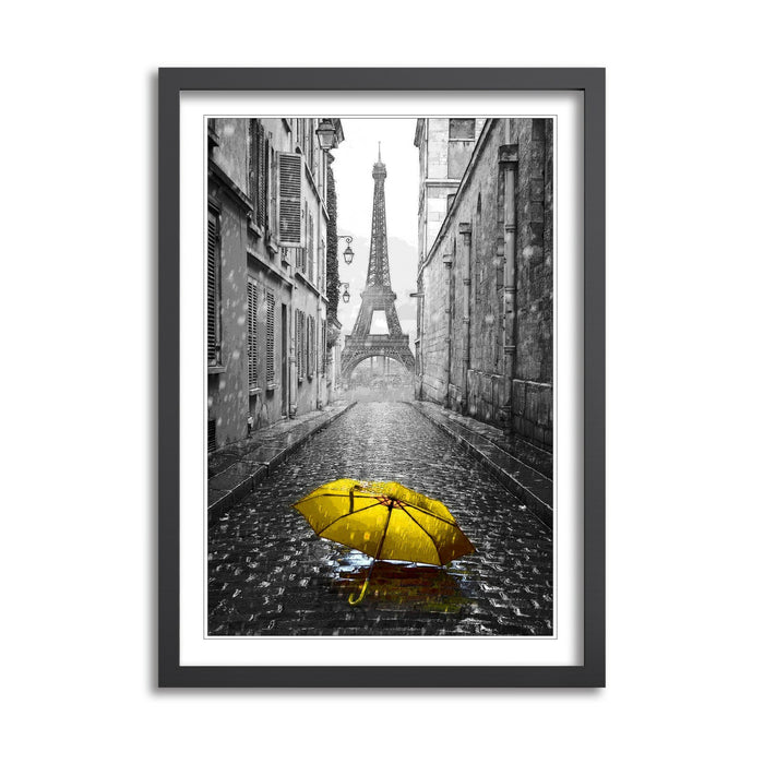 Paris Umbrella Art – Framed Wall Art Black and White Poster with Yellow Umbrella Print