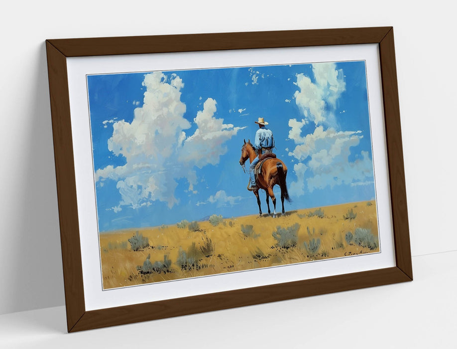 Framed Wall Art Poster – Cowboy Wall Art With Blue Sky & Natural Wood Frame