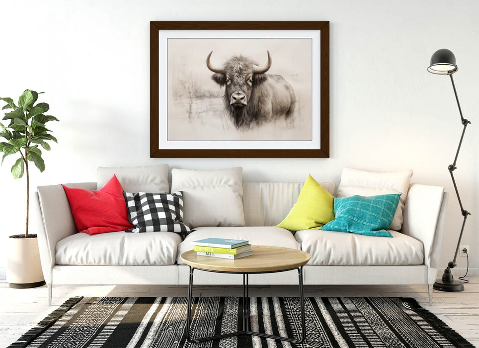 Highland Cow Wall Art – Framed Charcoal Sketch Print with Natural Wood Frame