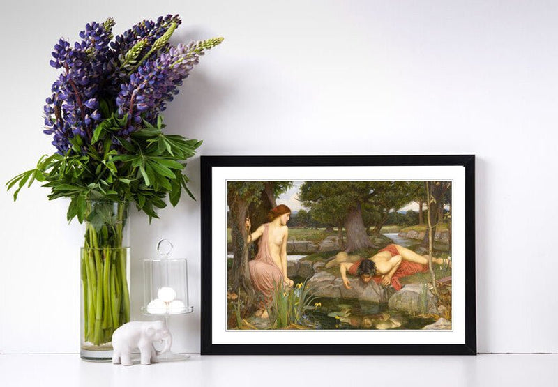 Echo Narcissus Framed Art – Waterhouse Art Print With Woodgrain Faux Frame