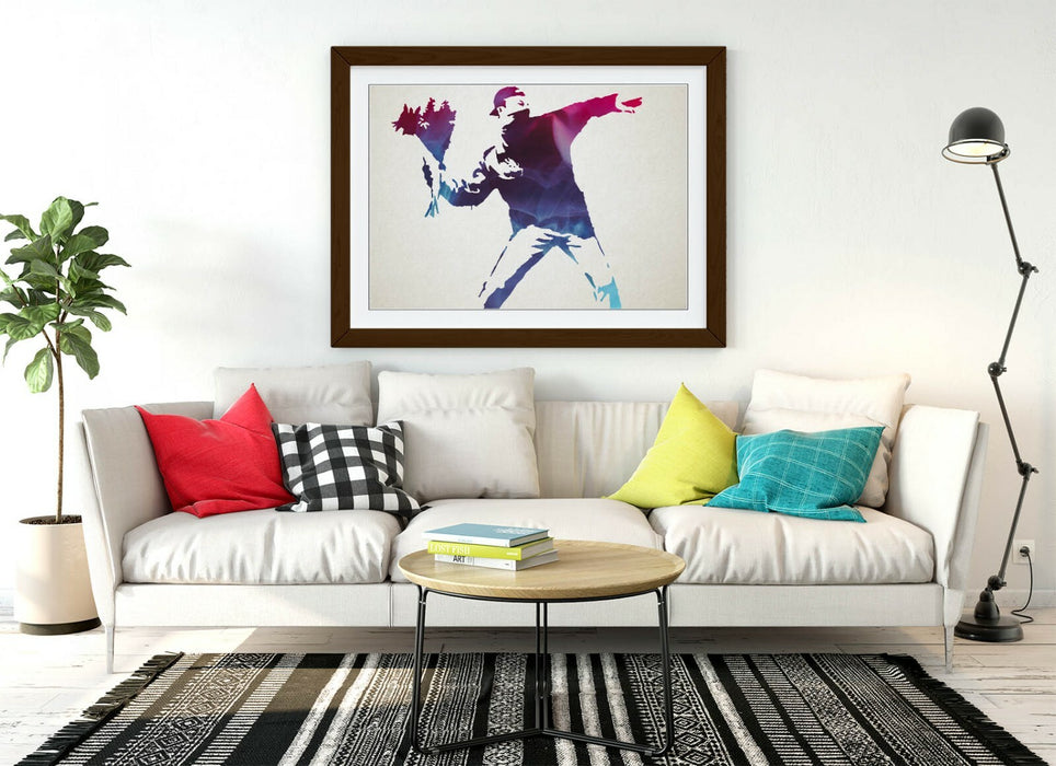 BANKSY, FLOWER THROWER PURPLE BLUE -FRAMED WALL ART PICTURE PRINT