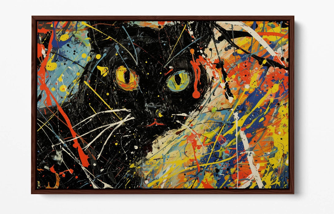 Black Cat Canvas Art - Jackson Pollock Style Float Effect Modern Cat Artwork