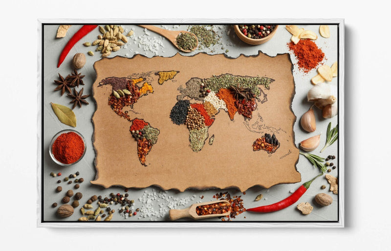 Canvas Wall Art – Spices Kitchen Art With Herbs World Map | Float Effect Print