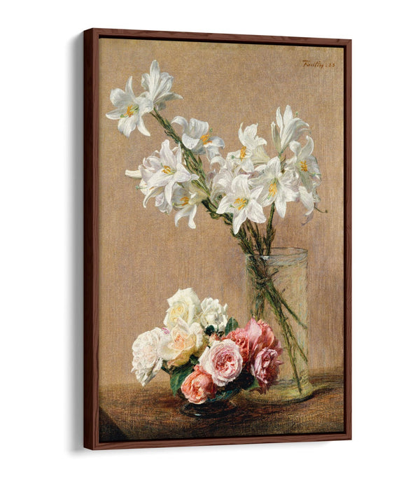 Float Effect Canvas Art - Henri Fantin-Latour Roses And Lilies Print On Premium Frame