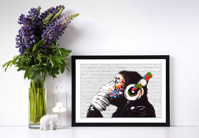 Banksy DJ Monkey Poster - Framed Street Art Print On Matte Paper, Ready To Hang