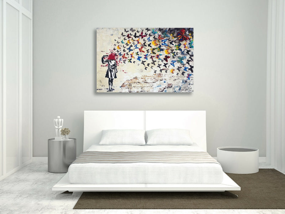 CANVAS WALL ART PRINT BANKSY BUTTERFLY BRAINS GIRL GRAFFITI 30MM DEEP FRAMED