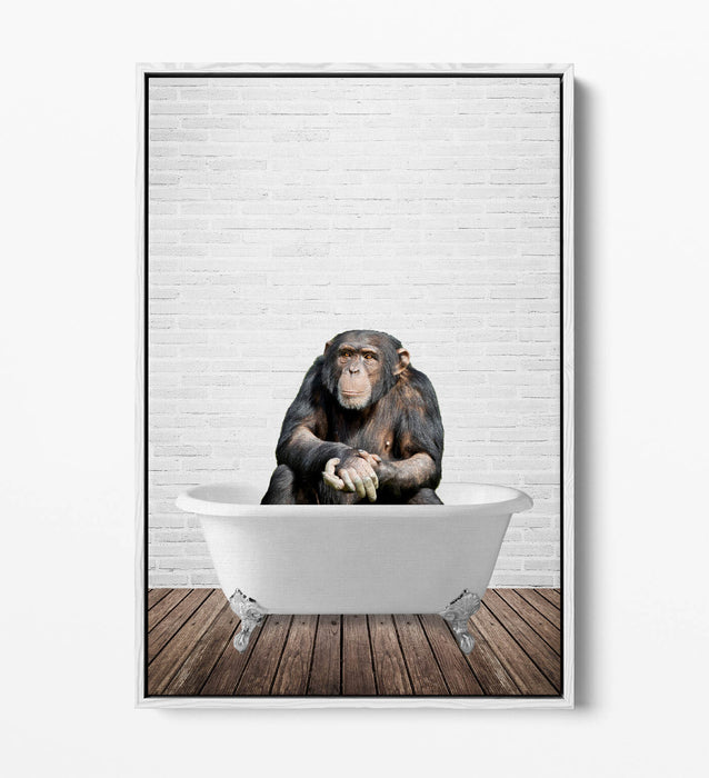 CHIMP IN BATHTUB -QUIRKY BATHROOM FLOAT EFFECT CANVAS WALL ART PIC PRINT