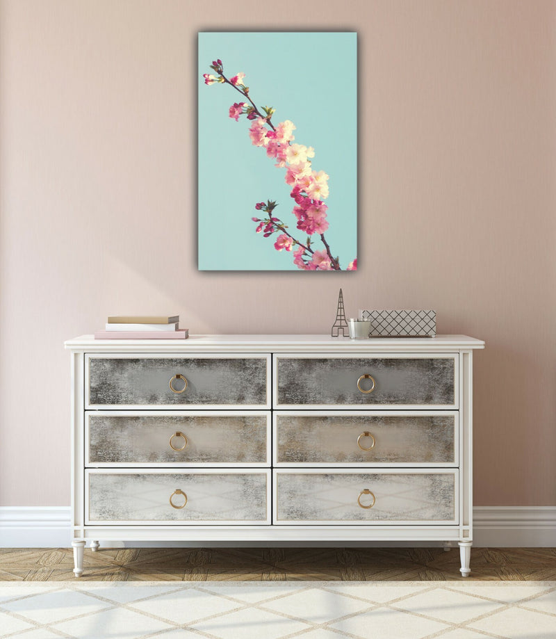 Canvas Wall Art - Cherry Blossom Teal Floral Print | Premium Varnished Satin Finish
