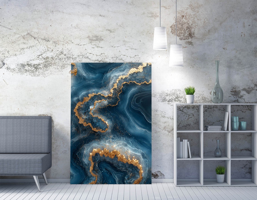 Canvas Wall Art | Gold Blue Abstract Sea Water Style Artwork Print - Handmade