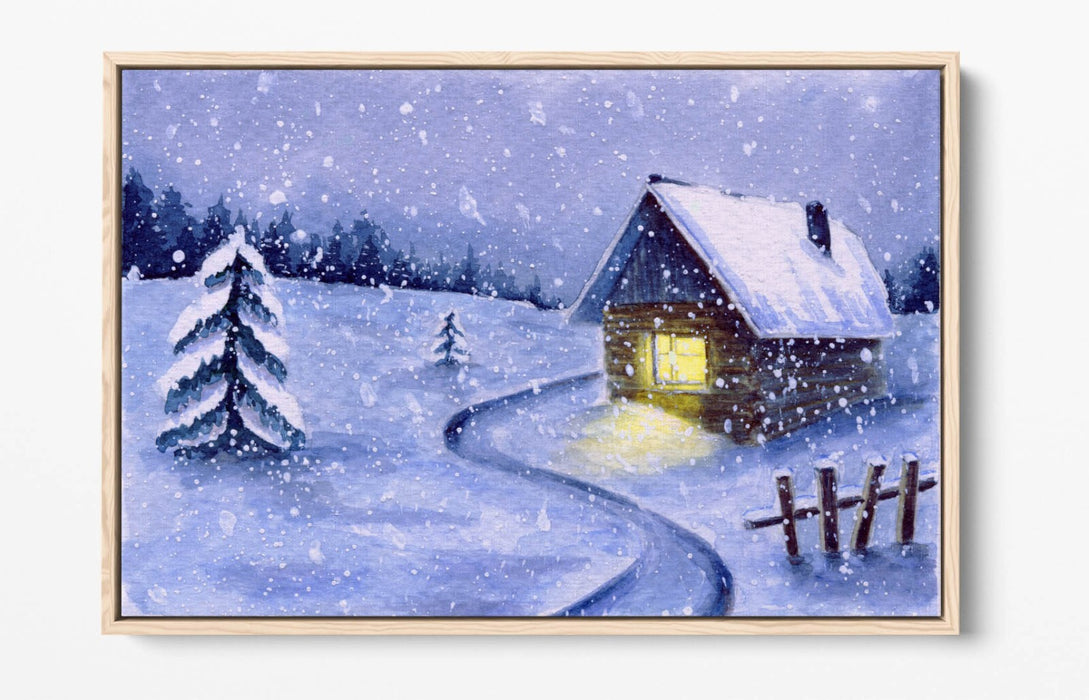 Canvas Wall Art Print – Watercolour Cabin Winter Snow Illustration on Float Effect Canvas