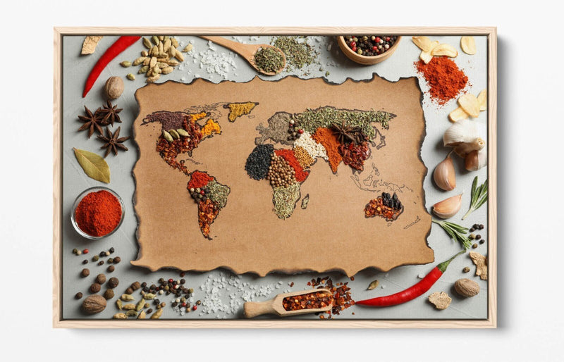 Canvas Wall Art – Spices Kitchen Art With Herbs World Map | Float Effect Print