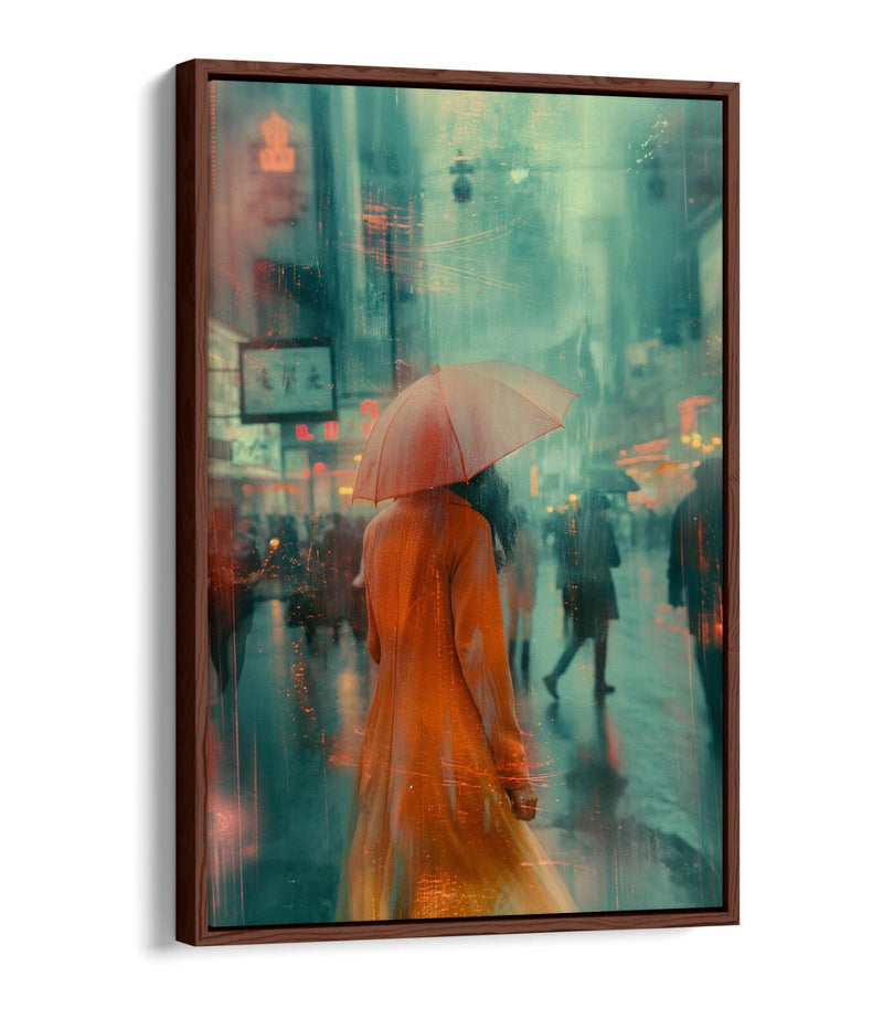 Canvas Wall Art - Woman With Umbrella in City Street | Float Effect Print