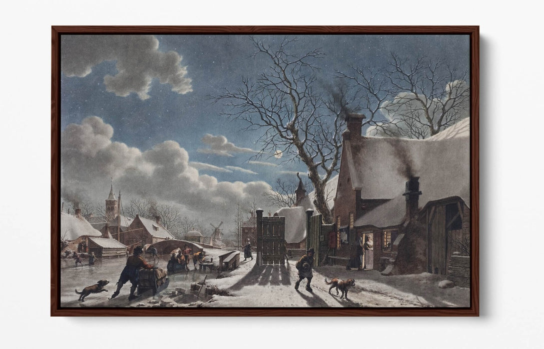 Canvas Wall Art - Winter Night Dutch Town Painting | Float Effect Canvas Print