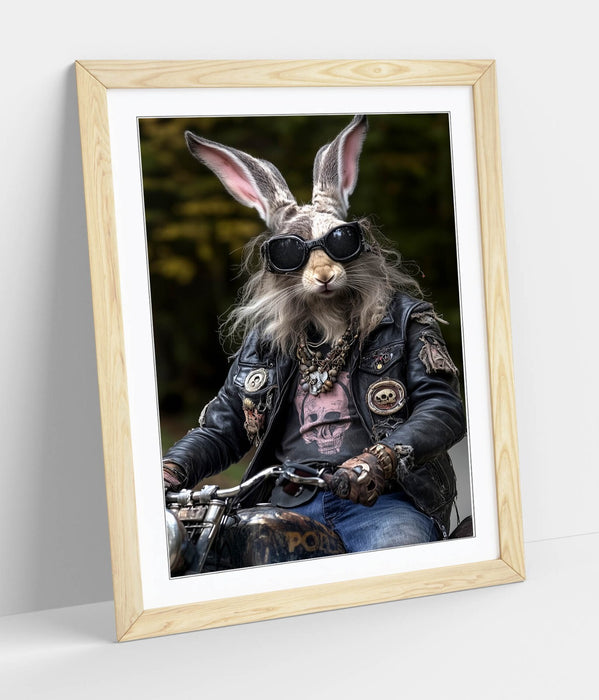 Framed Wall Art Poster - Funny Biker Rabbit Print With High Quality Wood Frame