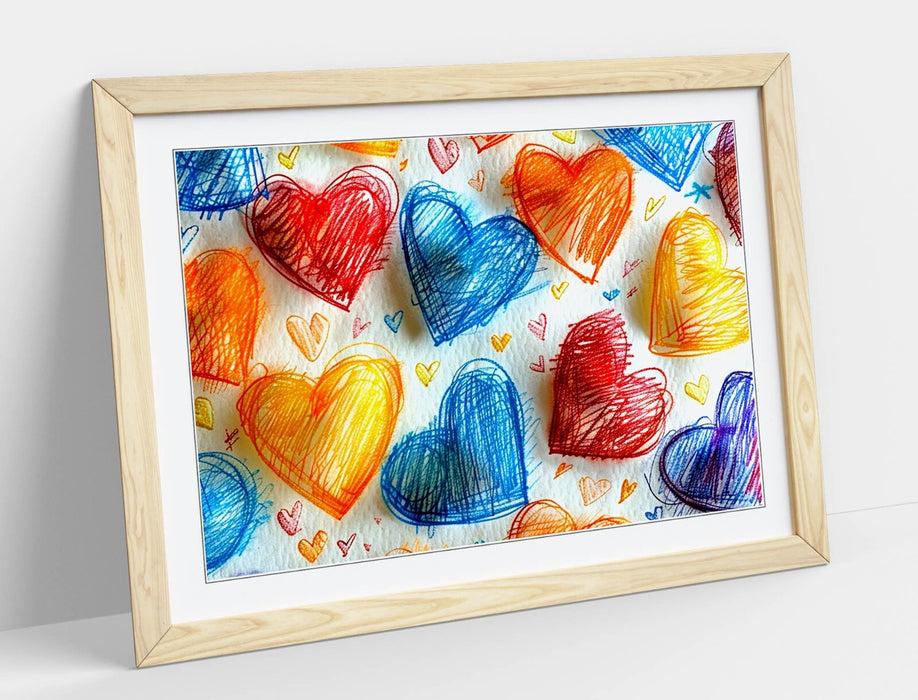 Framed Wall Art Poster – Multi Colour Hearts Print On White Background | Bedroom Decor