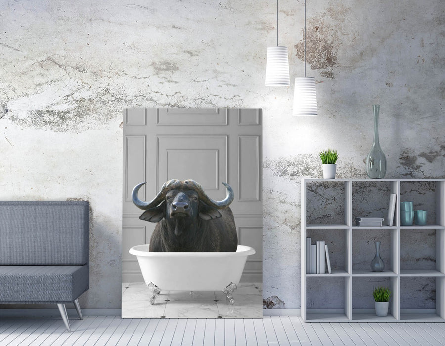 WATER BUFFALO IN BATHTUB -QUIRKY CANVAS WALL ART PRINT ARTWORK ANIMAL FRAMED