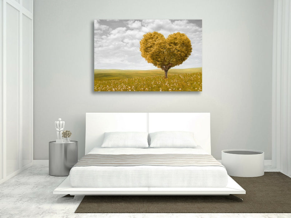 Heart Shaped Canvas Art – Yellow Heart Print Tree Leaf Wall Art | Ready To Hang
