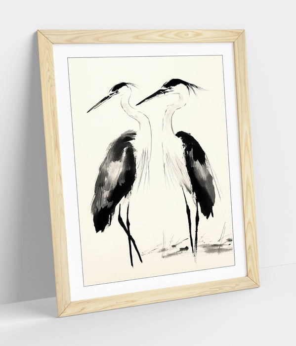 Framed Wall Art | Two Heron Birds Oriental Ink Style Poster Print - Handmade Decor
