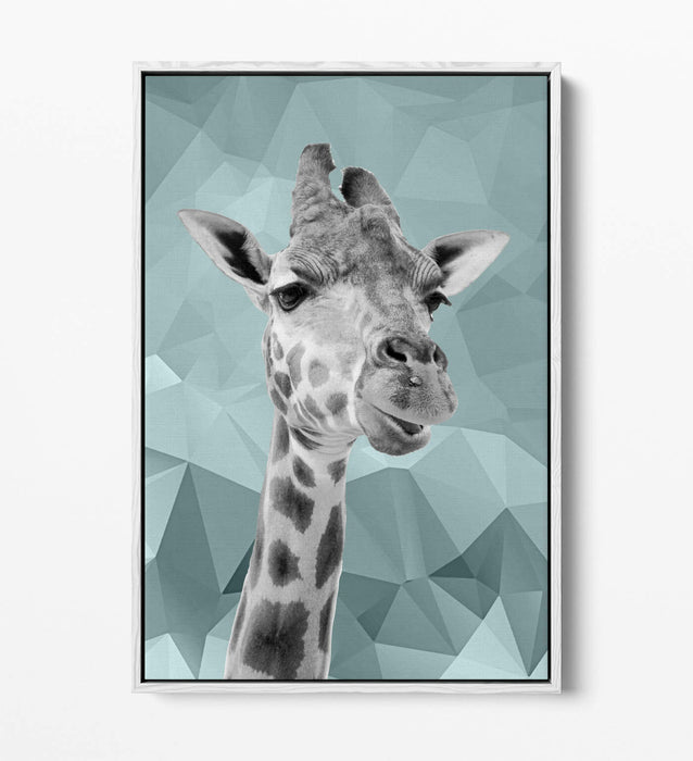 DUCK EGG BLUE GIRAFFE GEO -FLOAT EFFECT CANVAS WALL ART PIC PRINT- BLACK & WHITE